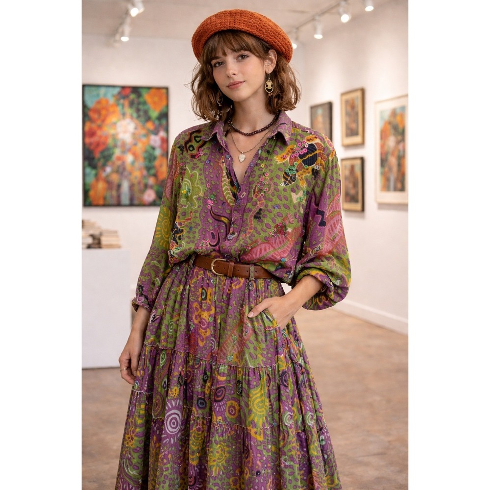 Whittall & Shon 2-Piece Set Art To Wear VTG Cotton Gauze Shirt Tiered Skirt S